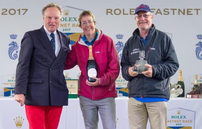 Deb Fish and Rob Craigie who won the mixed two handed prize and best yacht with a female skipper – Rolex Fastnet Race ©  Rolex / Carlo Borlenghi http://www.carloborlenghi.net